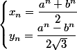 \begin{cases}x_n=\dfrac{a^n+b^n}{2}\\y_n=\dfrac{a^n-b^n}{2\sqrt{3}}\end{cases} 